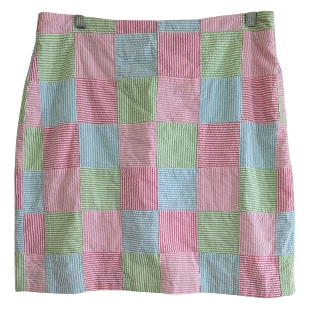 Talbots Seersucker Canvas Patchwork Stripe Skirt Size 8 Madras Summer Pastels - Picture 2 of 7